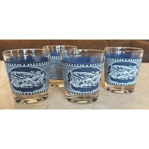4 Vintage Currier & Ives Royal China Low Ball Old Fashioned Rocks Glasses Blue